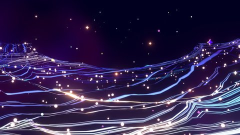 Looped abstract glowing neon waves and particles animation.