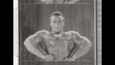 1940s Los Angeles, CA. Male Bodybuilder Poses and Flexes on Stage. Woman in swimwear Poses on Stage. 4K Overscan of Vintage Archival 16mm film Print
