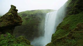 Powerful Waterfall. Skogafoss, Iceland. Outdoor Lifestyle Nature Planet Earth Concept. 