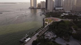 Boats heading into the Miami River aerial drone footage