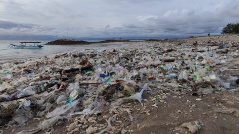 Bali, Indonesia - 4 January 2021: Very Dirty Beach - Tons of Trash, Garbage, Plastic Waste in Coastal - Earth Environmental Problem Disaster