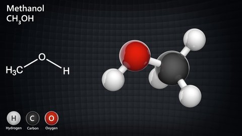 Methanol, also known as methyl alcohol among others, is a chemical with the formula CH3OH (often abbreviated MeOH) 3D render. Seamless loop. Ball and Stick chemical structure model.