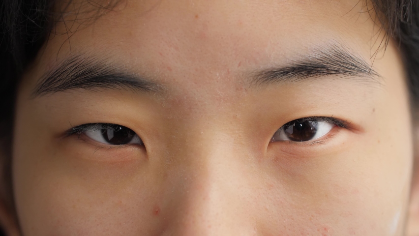Close up of young Asian woman opening her beautiful eyes and looking at camera. Portrait of Chinese girl with pretty face, soft features, healthy skin, and dark brown or black eyes. Slow motion, 4K. Royalty-Free Stock Footage #1065008785