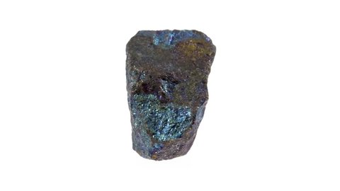 Natural stone, multicolored blue-green chalcopyrite, rotation on a white background. Minerals, natural stones, close-up.