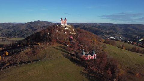 Flying around of The Calvary of Banska Stiavnica, Slovakia, a complex of churches and chapels on Scharfenberg Hill. 2.5x speeded up from 24 fps.