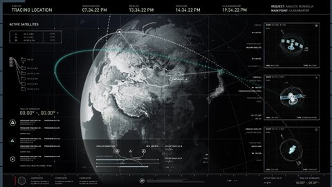 Close-up of a computer screen. Dark user interface. Secret service is analyzing Ulaanbaatar in Mongolia. Using data and coordinates received from active satellites. Three different image sources.