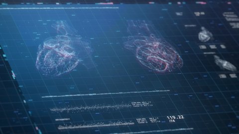Heart MRI scanning animation. Cardiac computed tomography. X-ray monitoring device. Diagnosis of diseases. Hospital research. Futuristic hi-tech screen. Cardiology. Medical concept visualization in 4K