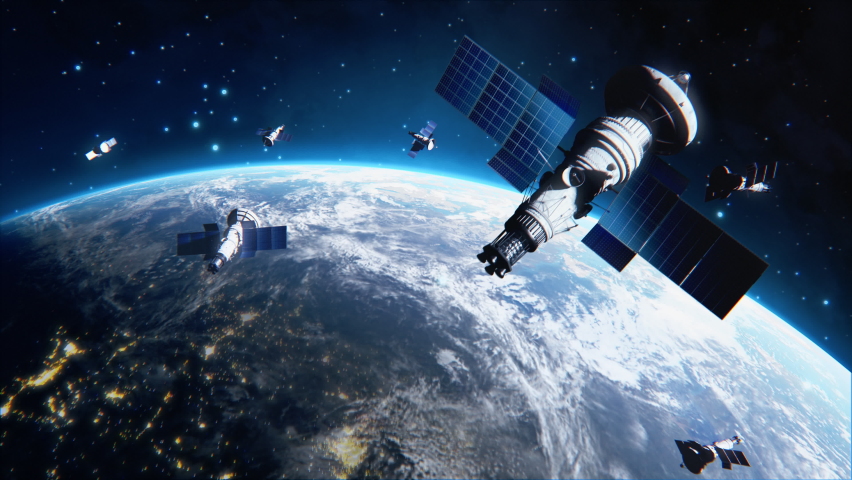 Many Satellites Flying over Earth as Seen from the Space, They Connect and Cover Planet with Digitalization Network of Information. Global Data Grid Connecting Whole World. 3D VFX Rendering | Shutterstock HD Video #1065022876
