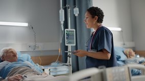 Hospital Ward: Friendly Head Nurse Asks Health Care Questions of Elderly Patient Resting in Bed. Physician Uses Tablet Computer, Does Checkup, Talks. Old Man Fully Recovering after Successful Surgery - Powered by Shutterstock - Get 15% off with code: PIKWIZARD15