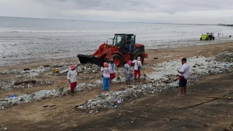 Bali, Indonesia - 4 January 2021: Tons of Trash, Garbage, Plastic Waste Collected in Coastal Cleanup at Kuta Beach - Environmental Problem Disaster