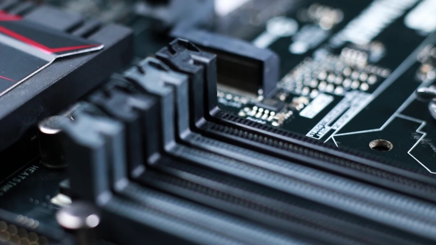 Macro close up of a modern computer gaming motherboard 
