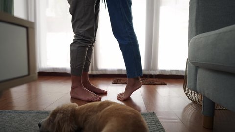 Unrecognizable romantic wife kissing husband in cozy living room at home while puppy dog sleeping under the table. Woman raising her legs up to embrace a man. Happy together relationship life concept