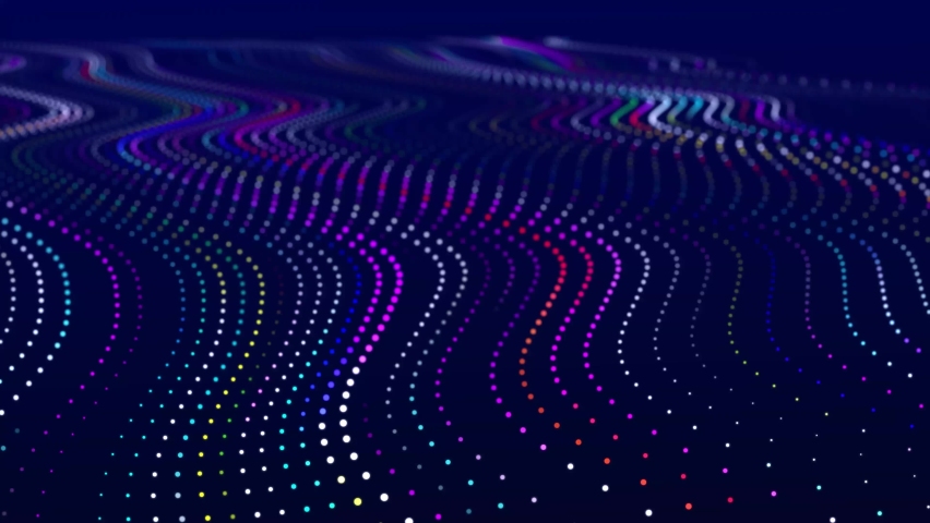 Abstract flow of luminous particles on dark background. Movement of colored dots. Big data visualization. 3D rendering. Seamless loop. 4k Royalty-Free Stock Footage #1065038956