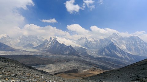 Timelapse view from Chunghung Ri of Ama Dablam mountain and other snowcapped peaks. White clouds are floating above them. Everest region, Nepal, Himalaya