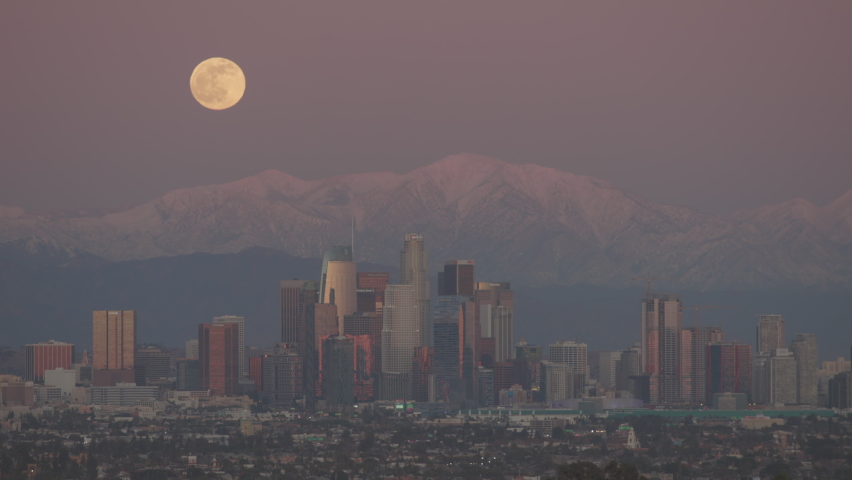 Full Moon Rise Behind Downtown Los Angeles with Snow Behind Canon Log 4K UHD