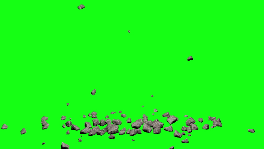 Different sizes of rocks stones debris falling from sky on green screen chroma key background. Landslide, earthquake or collapse concept