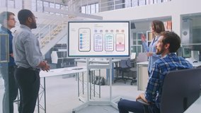 Office Conference Room Meeting: Caucasian Female CEO Doing Food Delivery Software App Presentation to a Diverse Multi-Ethnic Team of Businesspeople, Explaining UI UX Working, Customer Support - Powered by Shutterstock - Get 15% off with code: PIKWIZARD15