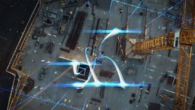Aerial View Futuristic Building Construction Site. Real Estate Project With Professionals Building House. Visualisation of Advanced Technology, Lines of Power Information Fly from Tablet Computer - Powered by Shutterstock - Get 15% off with code: PIKWIZARD15