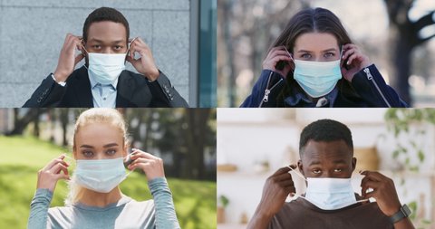 New normal and social distancing concept. Collage of group of diverse people putting on protective medical masks, personal protection against second wave of Covid-19 outbreak
