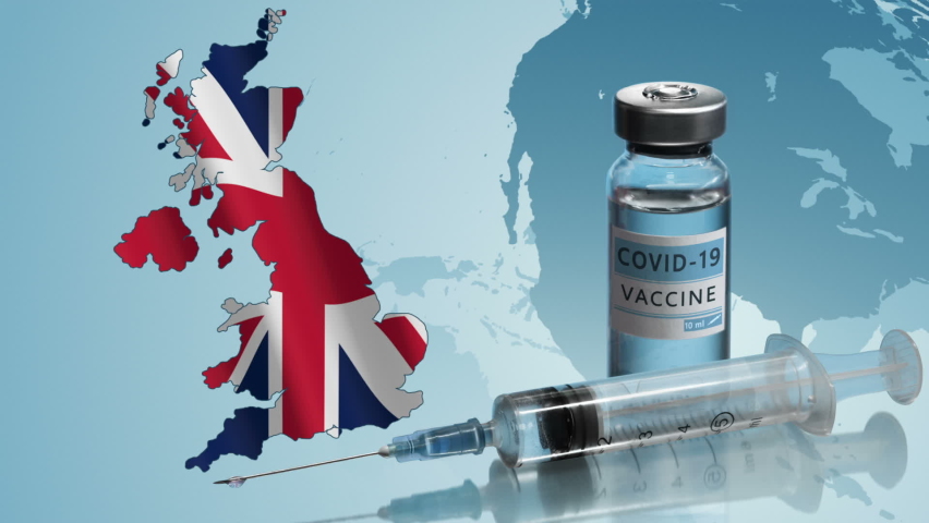 United Kingdom to launch COVID-19 vaccination campaign. Coronavirus vaccine vial, syringe, map and flag of Britain on background of rotating globe. Research and creation of a vaccine. Royalty-Free Stock Footage #1065070990