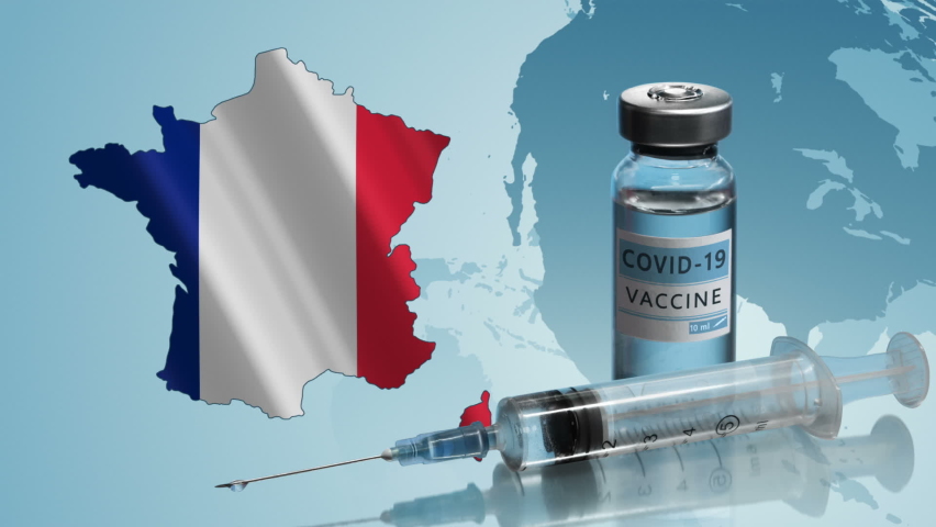 France to launch COVID-19 vaccination campaign. Coronavirus vaccine vial, syringe, map and flag of France on background of rotating globe. Fighting the epidemic. Research and creation of a vaccine. Royalty-Free Stock Footage #1065071005