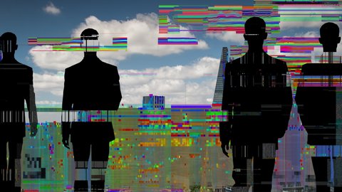 Animation of silhouette businessman cloned walking against london skyline background with glitch and distortion