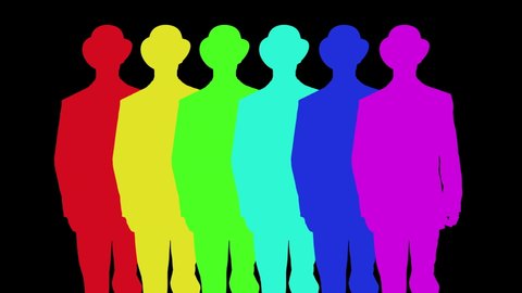 Animation of colourful silhouette businessman with top hats cloned walking against black background