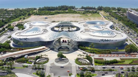 Sanya, Hainan, China - August 7, 2020: aerial view of CDF Mall, a large shopping complex owned by China Duty Free Group located at Haitang Bay in Sanya, Hainan Island