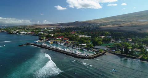 4k right to left side tracking aerial drone view of the boat harbor and city of Lahaina,Maui,Hawaii,USA