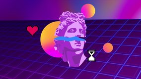 synthwave abstract wireframe net. apollo head. 80s style, Retro Futurism Background. VHS intro. cyberpunk style. horizon landscape, neon lights, pixel heart. vintage Seamless loop in 4k. Vaporwave - Powered by Shutterstock - Get 15% off with code: PIKWIZARD15