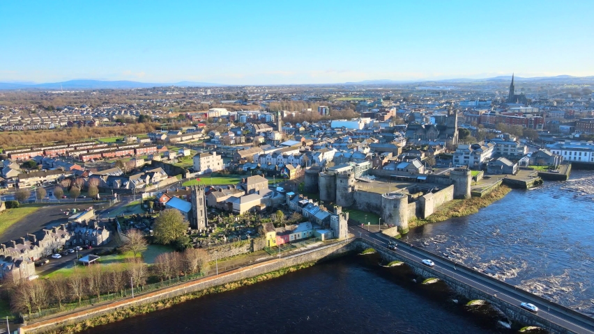 Aerial view over Limerick City in Republic of Ireland. There are number of eye-catching landmarks in Limerick such as Thomond Bridge,  King John