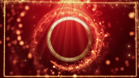 Chinese New Year with Particle Glow on Red Background Loop. 3D rendering. Happy New Year motion graphic. Beautiful circular frame, background project, projection mapping background seamless loop
