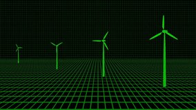 Animated Windmills with Rotating Blades for Generating Electricity. Alternative Energy. Green Eco-friendly Turbines Isolated on Black Background. Loop Seamless Stock Footage. 3D Graphic