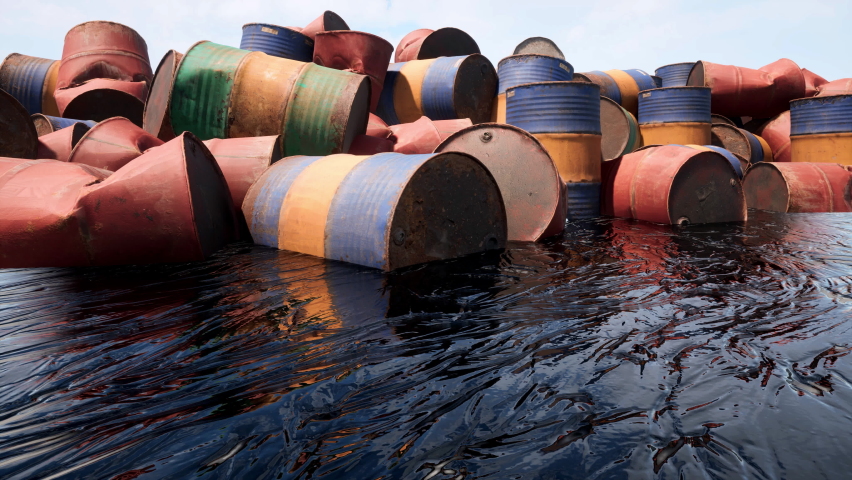 A close-up view of the ecological damage done to the earth's soil and water by toxic oil barrels discarded into the environment. Royalty-Free Stock Footage #1065091381