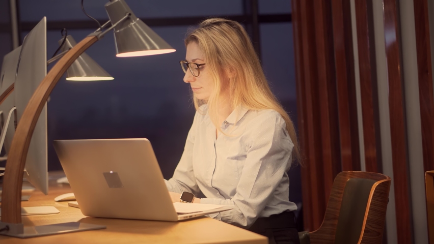 Employee Woman Overtime Work. Exhausted Businesswoman Computer PC Remote Chatting Webinar.Internet Online Job. Overworked Tired Businesswoman Working Late Night At Deadline.Girl Worker Office At Night | Shutterstock HD Video #1065092068