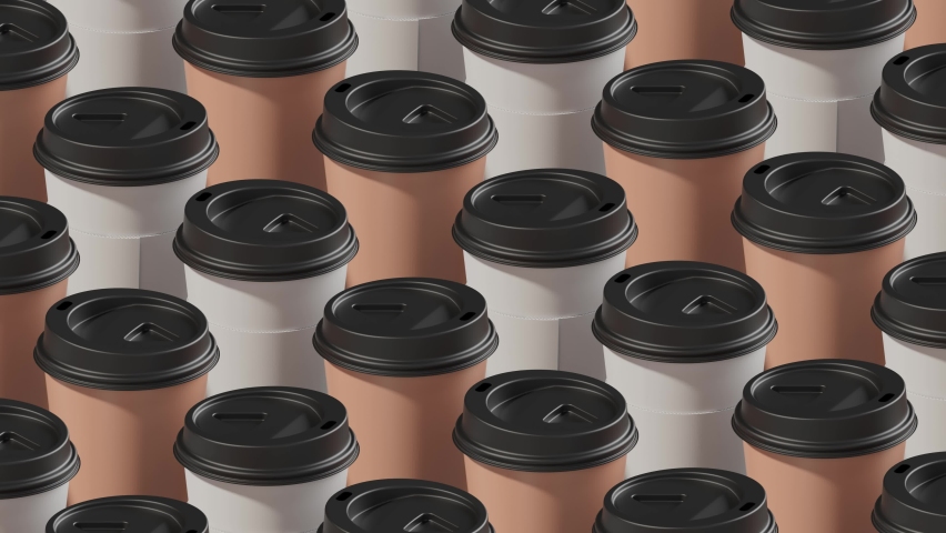 Two colored coffee cups background. 3d abstract render with bright light and shadows. Coffee cups pattern. Rotation and movement looping animation. Close up.