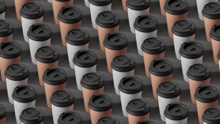 Two colored coffee cups background. 3d abstract render with bright light and shadows. Coffee cups pattern. Loopable animation.