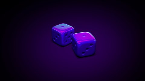 Two Ultraviolet 3d Dice Rolling and falls with number 1 one.Concept of luck,gambling,casino,oportunity,options,game,play,success,fortune and betting or bet. This is a 4k animation.
