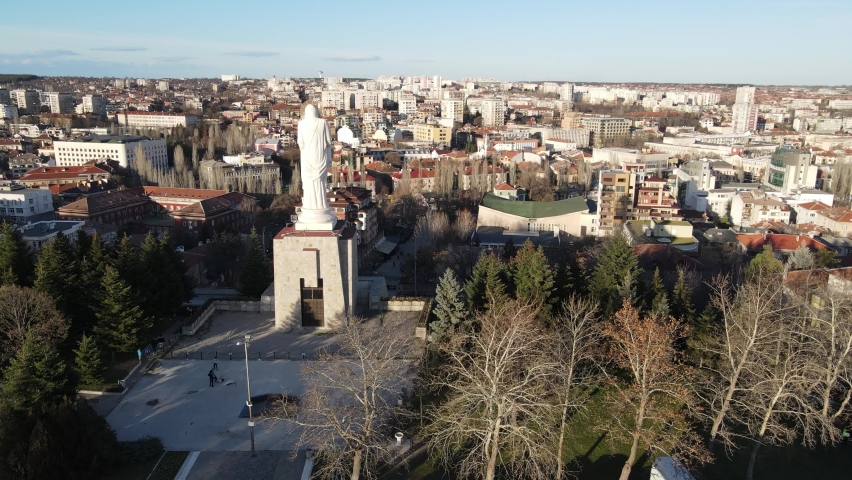 Aerial view of The biggest Monument of Virgin Mary in the world in City of Haskovo, Bulgaria