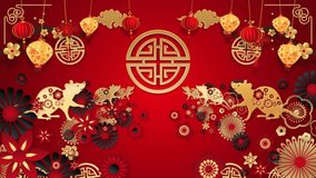 Happy Chinese New Year 2021 text with Red and Golden colour with motion background for TV program with Chinese New Year 2021 theme. Seamless loopable HD video.