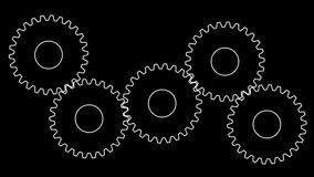 Animated line white gears spin. Vector illustration isolated on black background. 