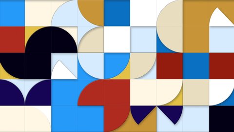 Geometric pattern loop. Circles, squares animation. Modernist abstract background. Bauhaus Design style. Blue, white, red, yellow, black. Primary colors. Other colours and variations in my portfolio.