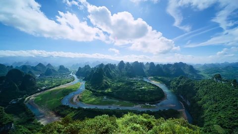 Time-lapse of panoramic landscape of Guilin in Guangxi, mountains and rivers