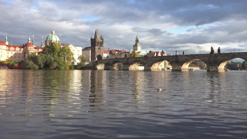 stabilized view of the Charles Bridge in the summer in Prague in the Czech Republic Royalty-Free Stock Footage #1065122863