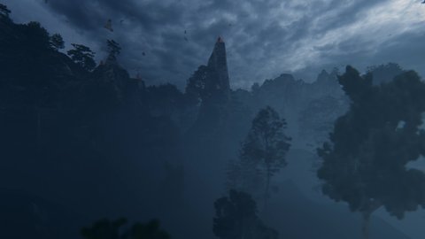 Shaolin monks praying on a cliff surrounded by mountain and forest against stormy sky, 4K