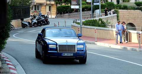 Monte-Carlo, Monaco - June 20, 2019: Two Tone Blue And Silver Rolls-Royce Wraith Luxury British Car Driving In The Streets Of Monte-Carlo, Monaco On The French Riviera, Europe - DCi 4K Video

