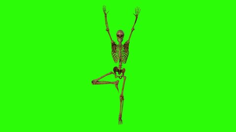 skeleton doing yoga exercise , animation, green background, loop