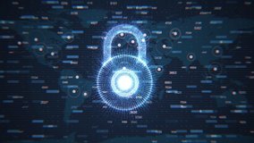 Futuristic animation. Cybersecurity, data protection. Global World map with numbers and markers on the background. Digital Lock icon or symbol. Hi-tech footage. Artificial Intelligence. 4K animation - Powered by Shutterstock - Get 15% off with code: PIKWIZARD15