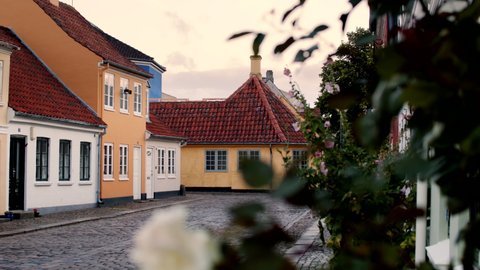 Odense, Denmark July 12, 2020 Cozy Old town street of Odense with Hans Christian Andersen House in the Center