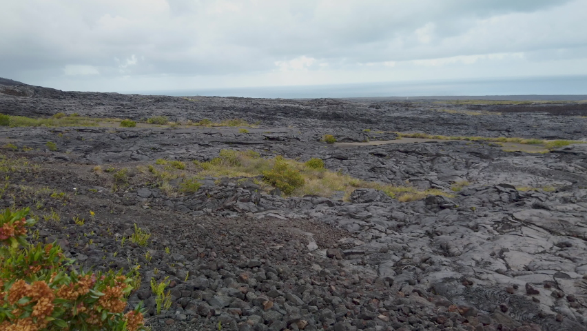 4k left to right panning motion of the dried Lava fields beside the roadway going down to the oceans edge at Hawaii Volcanoes National Park,Big Island,Hawaii,usa